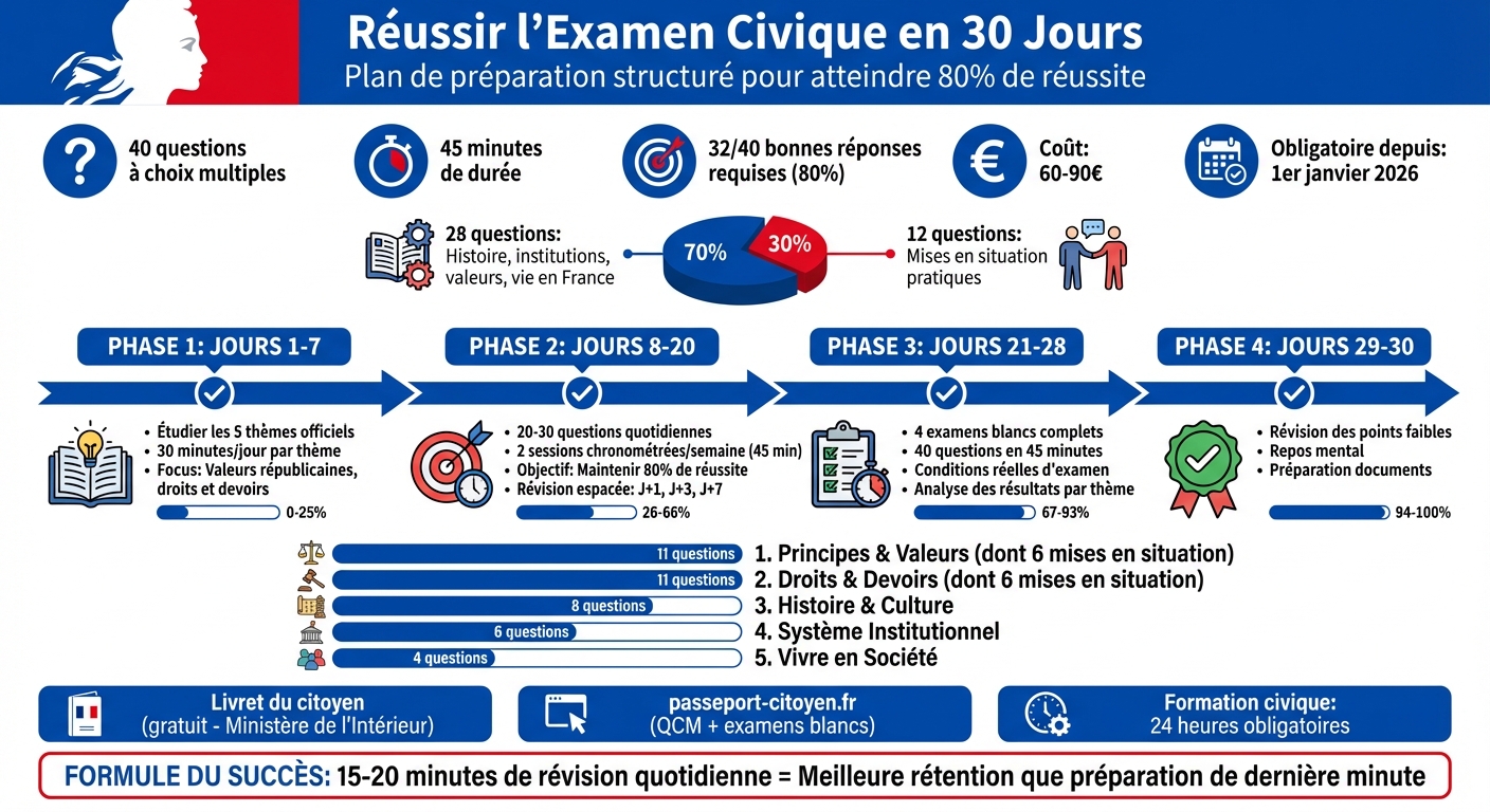 Plan de préparation de 30 jours pour réussir l'examen civique français